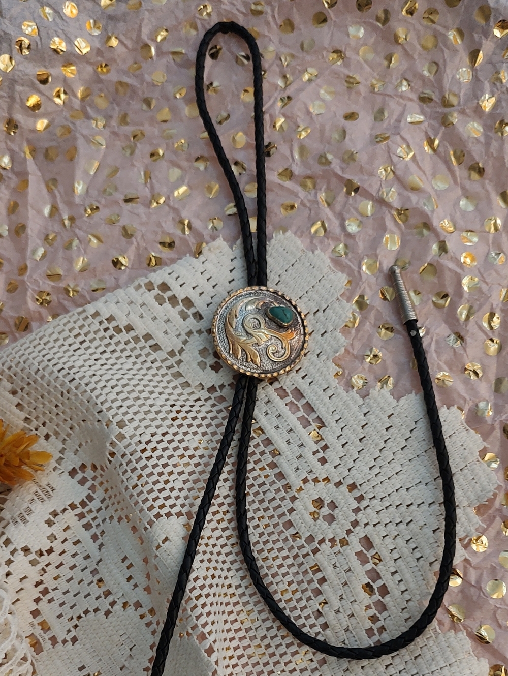 Sterling Silver Braided Black Leather Bolo Tie  Medallion and Turquoise